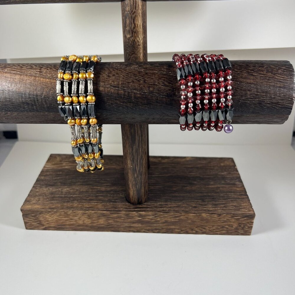 Magnetic Hematite Beaded Bracelets Set Of 2 With Black & Red And Black & Gold De